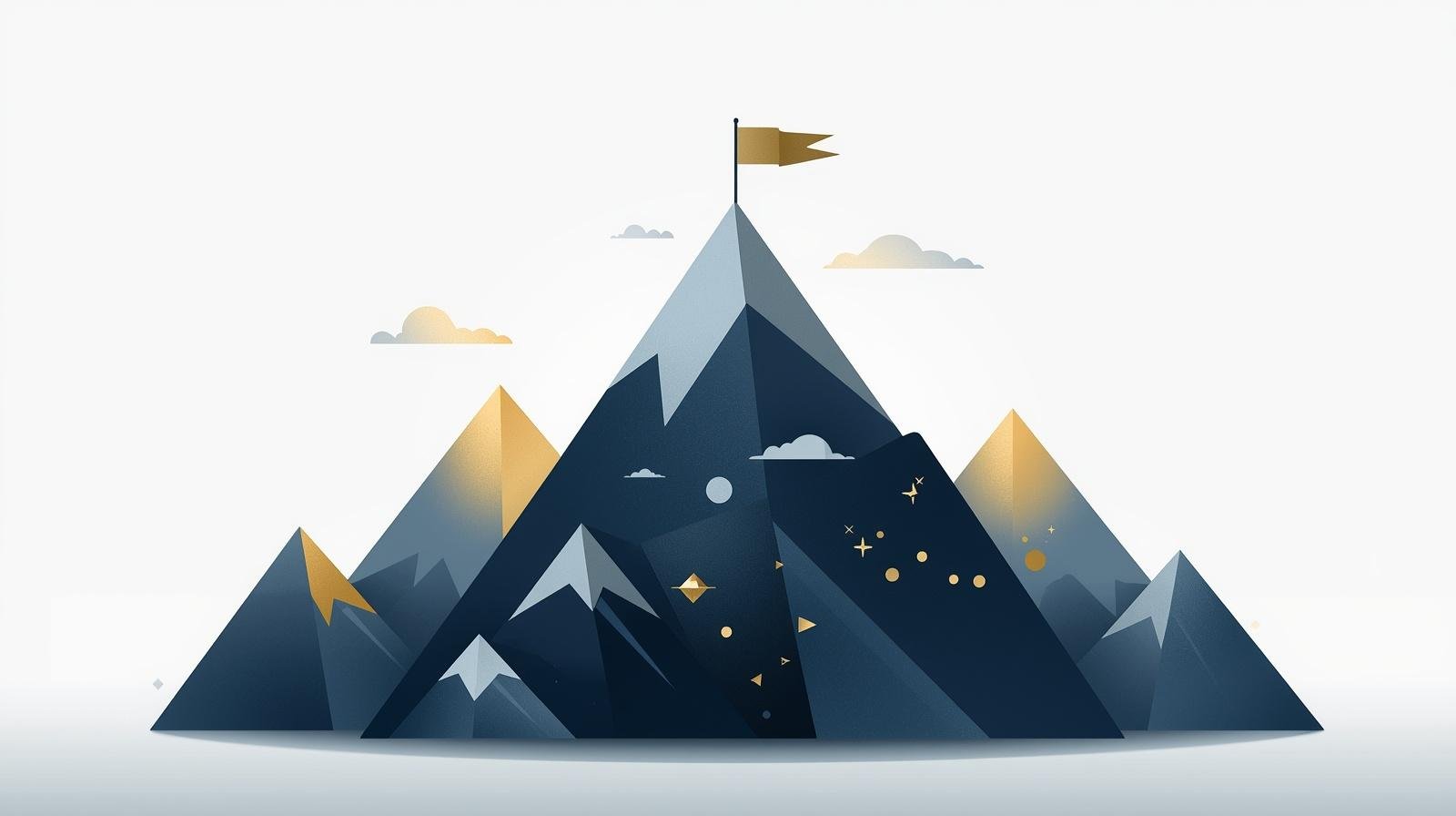 Pico de montanha com uma bandeira no topo representando liderança estratégica e vantagem competitiva sobre concorrentes.