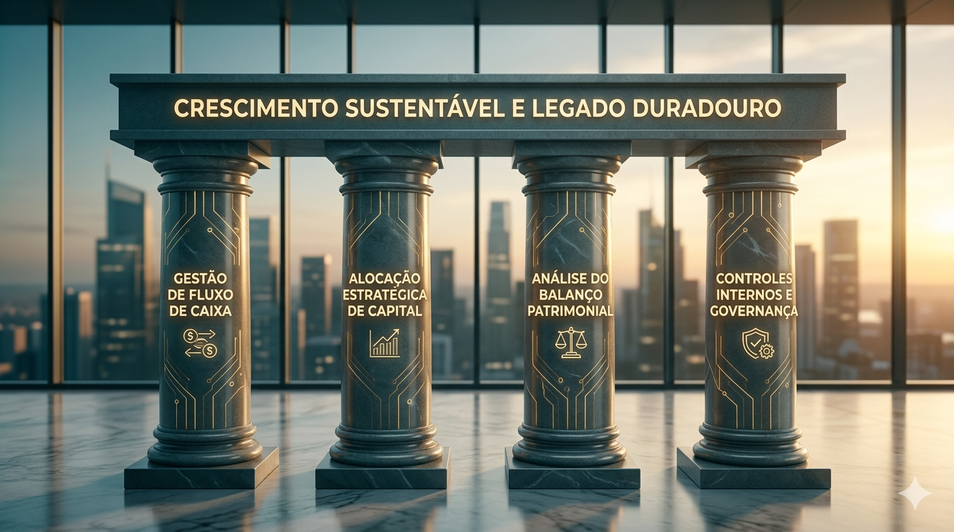 Uma imagem conceitual e sofisticada ilustrando a 'Arquitetura da Ordem Financeira' para um artigo executivo. Quatro robustos pilares clássicos e modernos, feitos de pedra cinza polida com sutis circuitos dourados luminosos, sustentam uma viga monolítica transversal com a inscrição 'CRESCIMENTO SUSTENTÁVEL E LEGADO DURADOURO'. Cada pilar apresenta uma inscrição em português: 'GESTÃO DE FLUXO DE CAIXA', 'ALOCAÇÃO ESTRATÉGICA DE CAPITAL', 'ANÁLISE DO BALANÇO PATRIMONIAL' e 'CONTROLES INTERNOS E GOVERNANÇA', com ícones discretos correspondentes. A cena é ambientada em um moderno escritório executivo minimalista com vista para o horizonte da cidade ao pôr do sol, transmitindo estabilidade, prosperidade e visão de longo prazo.